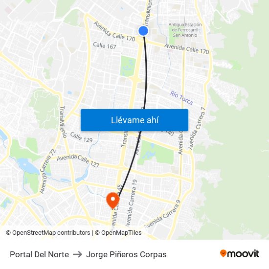 Portal Del Norte to Jorge Piñeros Corpas map