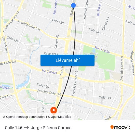 Calle 146 to Jorge Piñeros Corpas map