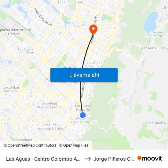 Las Aguas - Centro Colombo Americano to Jorge Piñeros Corpas map
