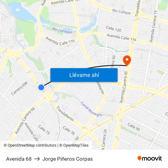Avenida 68 to Jorge Piñeros Corpas map