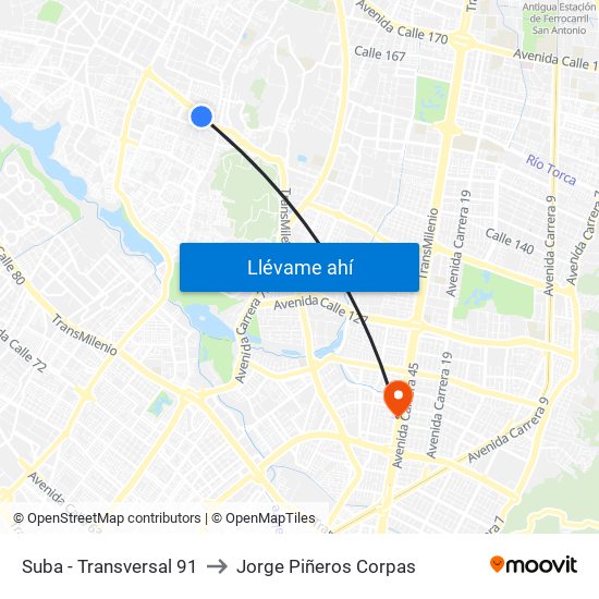 Suba - Transversal 91 to Jorge Piñeros Corpas map