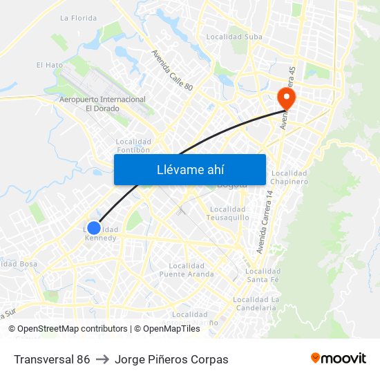 Transversal 86 to Jorge Piñeros Corpas map