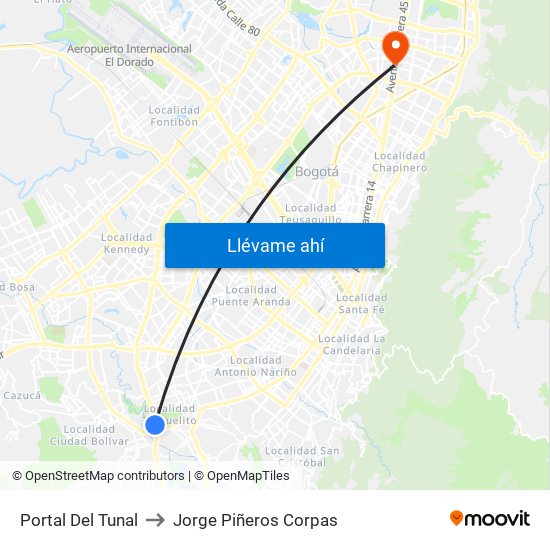 Portal Del Tunal to Jorge Piñeros Corpas map