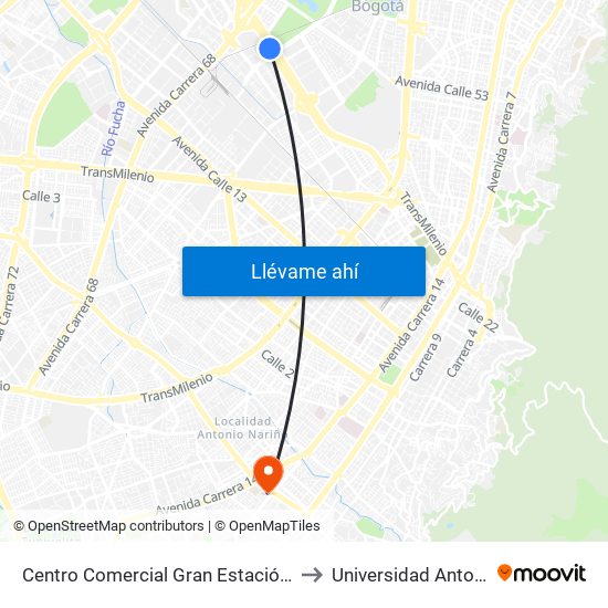 Centro Comercial Gran Estación (Ac 26 - Kr 60) to Universidad Antonio Nariño map