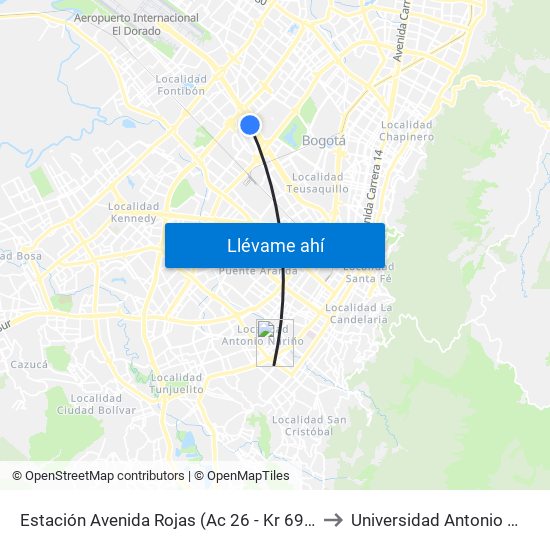 Estación Avenida Rojas (Ac 26 - Kr 69d Bis) (B) to Universidad Antonio Nariño map
