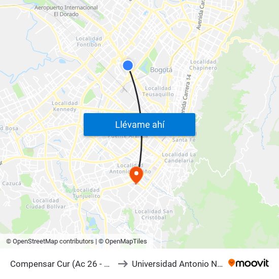 Compensar Cur (Ac 26 - Kr 69) to Universidad Antonio Nariño map