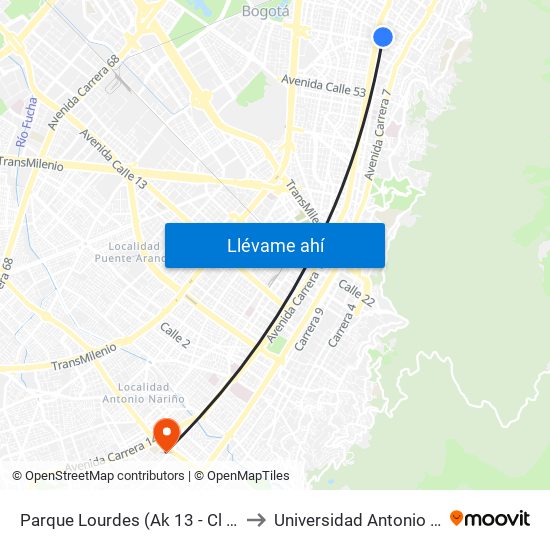 Parque Lourdes (Ak 13 - Cl 63a) (B) to Universidad Antonio Nariño map