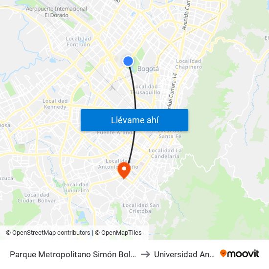 Parque Metropolitano Simón Bolívar (Ak 68 - Cl 49a) (B) to Universidad Antonio Nariño map