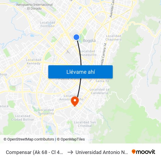 Compensar (Ak 68 - Cl 49) (D) to Universidad Antonio Nariño map
