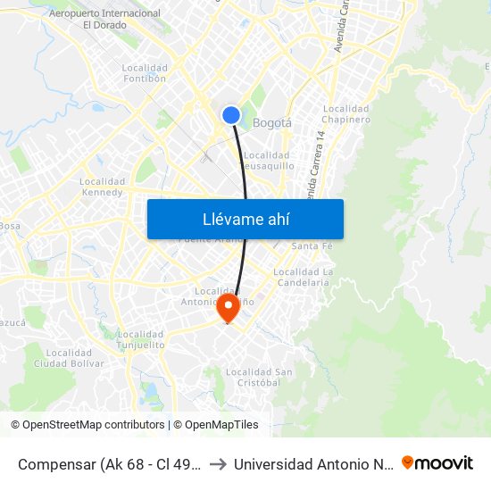 Compensar (Ak 68 - Cl 49a) (B) to Universidad Antonio Nariño map