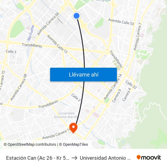 Estación Can (Ac 26 - Kr 59) (B) to Universidad Antonio Nariño map