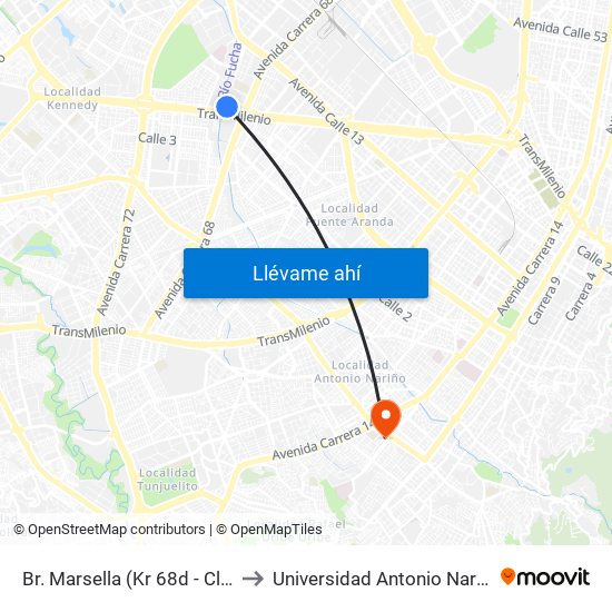Br. Marsella (Kr 68d - Cl 6) to Universidad Antonio Nariño map