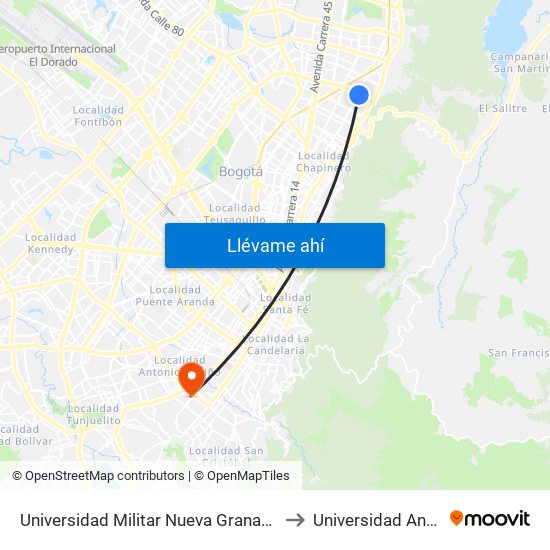 Universidad Militar Nueva Granada (Ac 100 - Kr 10) (B) to Universidad Antonio Nariño map