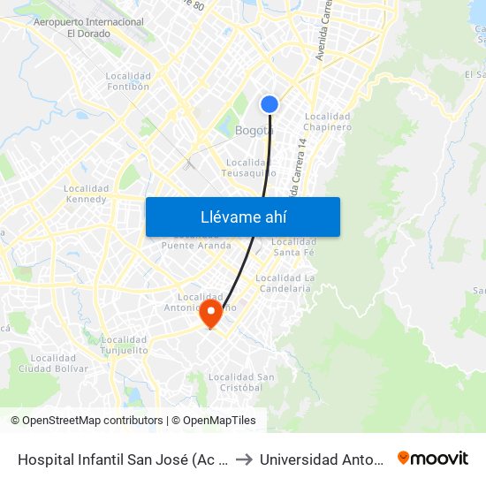 Hospital Infantil San José (Ac 68 - Kr 52) (B) to Universidad Antonio Nariño map