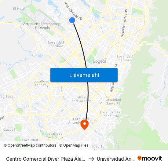 Centro Comercial Diver Plaza Álamos (Ac 72 - Kr 96a) (B) to Universidad Antonio Nariño map
