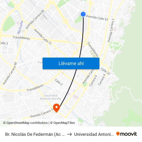 Br. Nicolás De Federmán (Ac 53 - Kr 37a) to Universidad Antonio Nariño map