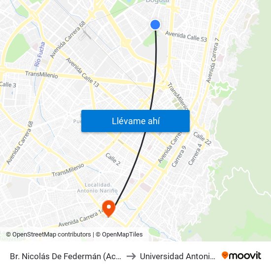 Br. Nicolás De Federmán (Ac 53 - Kr 46) to Universidad Antonio Nariño map