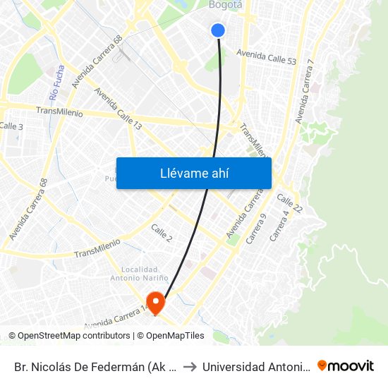 Br. Nicolás De Federmán (Ak 50 - Cl 57b) to Universidad Antonio Nariño map