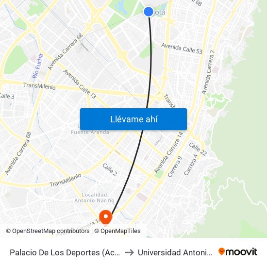 Palacio De Los Deportes (Ac 63 - Kr 56) to Universidad Antonio Nariño map
