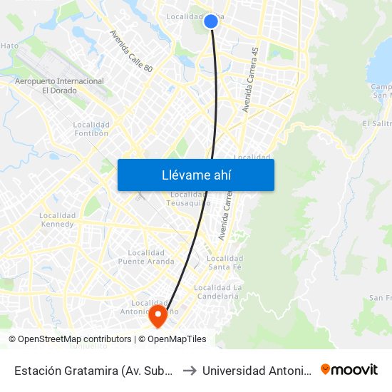 Estación Gratamira (Av. Suba - Cl 132a) to Universidad Antonio Nariño map