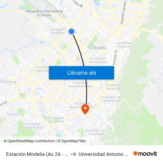 Estación Modelia (Ac 26 - Kr 82) to Universidad Antonio Nariño map