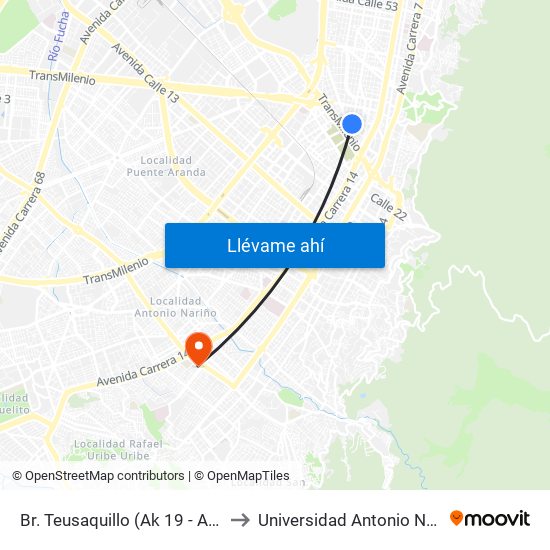 Br. Teusaquillo (Ak 19 - Ac 32) to Universidad Antonio Nariño map
