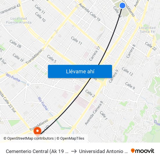 Cementerio Central (Ak 19 - Ac 26) to Universidad Antonio Nariño map