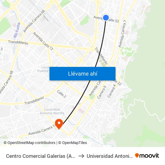 Centro Comercial Galerías (Ak 24 - Ac 53) to Universidad Antonio Nariño map