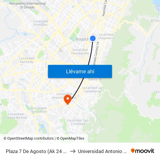 Plaza 7 De Agosto (Ak 24 - Cl 66) to Universidad Antonio Nariño map