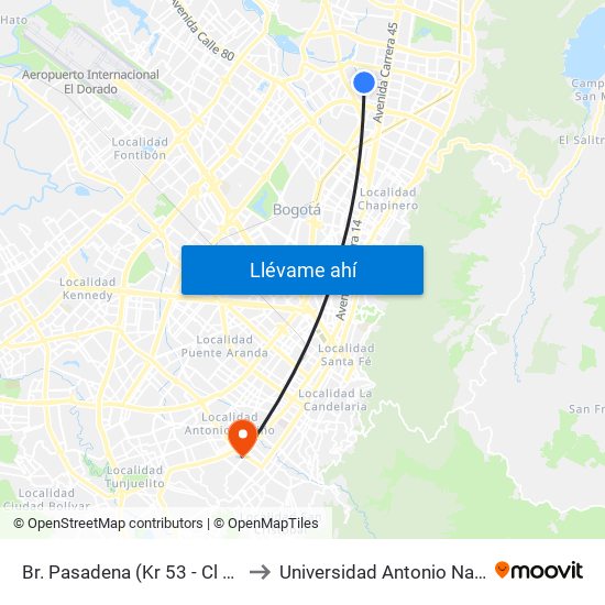 Br. Pasadena (Kr 53 - Cl 107) to Universidad Antonio Nariño map