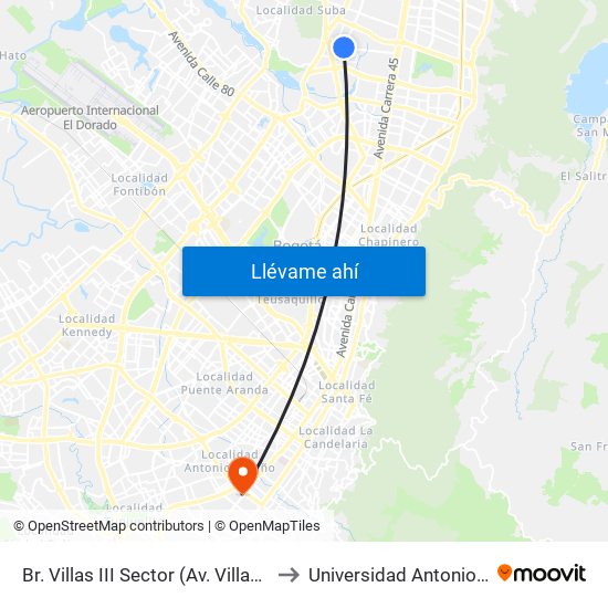 Br. Villas III Sector (Av. Villas - Cl 129) to Universidad Antonio Nariño map