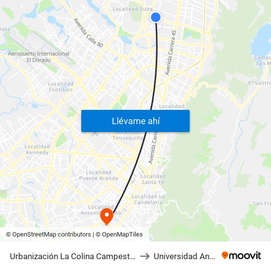 Urbanización La Colina Campestre (Av. Villas - Ac 134) to Universidad Antonio Nariño map