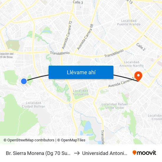 Br. Sierra Morena (Dg 70 Sur - Kr 73d) to Universidad Antonio Nariño map