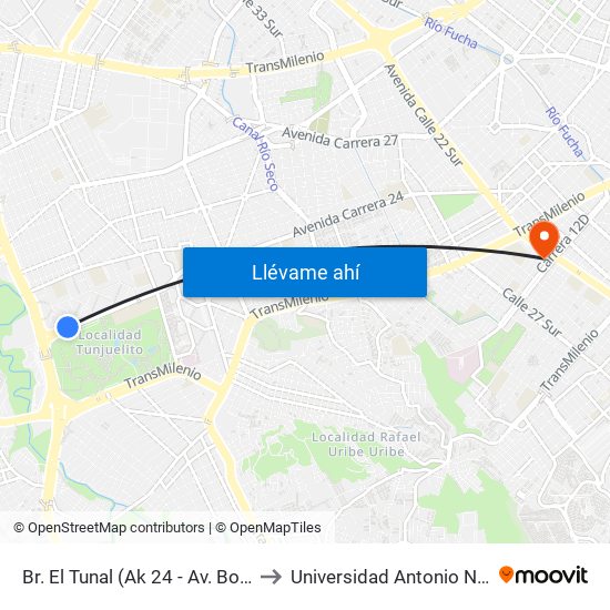 Br. El Tunal (Ak 24 - Av. Boyacá) to Universidad Antonio Nariño map
