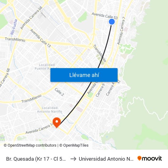Br. Quesada (Kr 17 - Cl 51) (A) to Universidad Antonio Nariño map