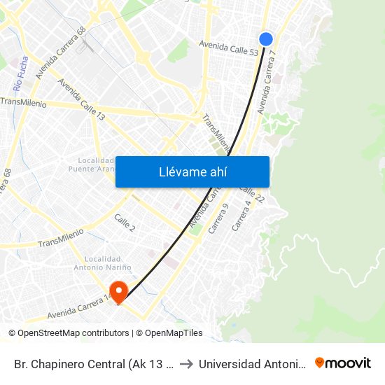 Br. Chapinero Central (Ak 13 - Cl 57) (A) to Universidad Antonio Nariño map