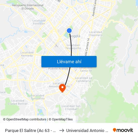 Parque El Salitre (Ac 63 - Ak 68) to Universidad Antonio Nariño map