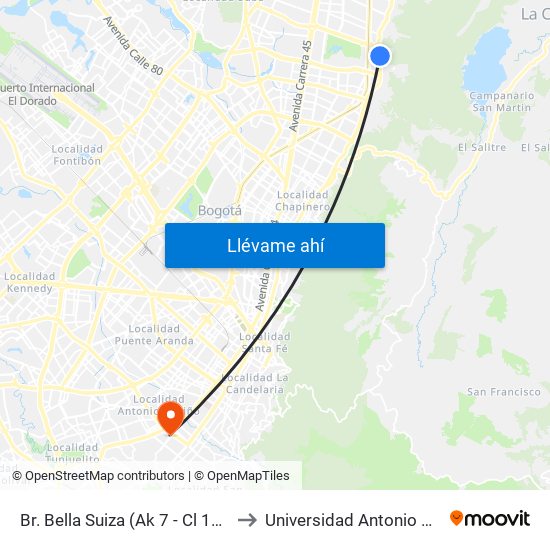 Br. Bella Suiza (Ak 7 - Cl 129) (A) to Universidad Antonio Nariño map