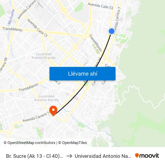 Br. Sucre (Ak 13 - Cl 40) (A) to Universidad Antonio Nariño map