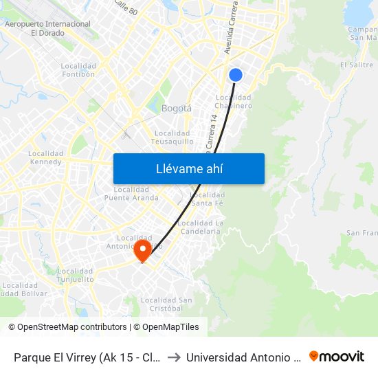 Parque El Virrey (Ak 15 - Cl 87) (A) to Universidad Antonio Nariño map