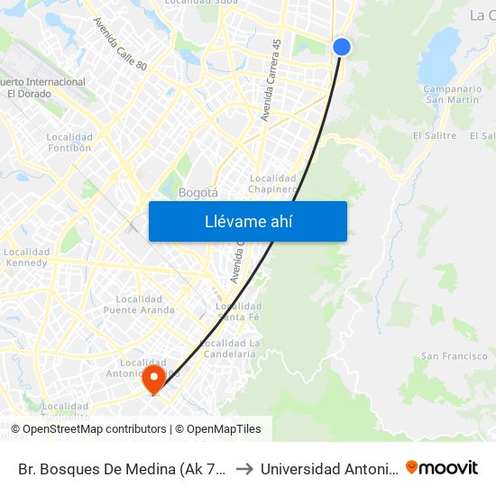 Br. Bosques De Medina (Ak 7 - Cl 132) (A) to Universidad Antonio Nariño map