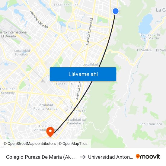 Colegio Pureza De María (Ak 7 - Cl 147) (A) to Universidad Antonio Nariño map