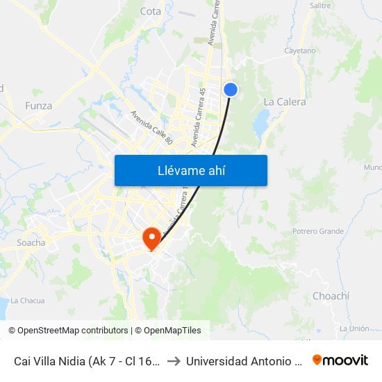 Cai Villa Nidia (Ak 7 - Cl 162a) (A) to Universidad Antonio Nariño map