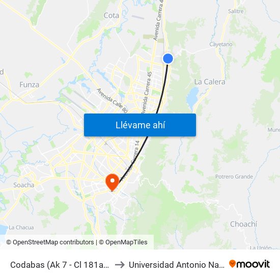 Codabas (Ak 7 - Cl 181a) (A) to Universidad Antonio Nariño map