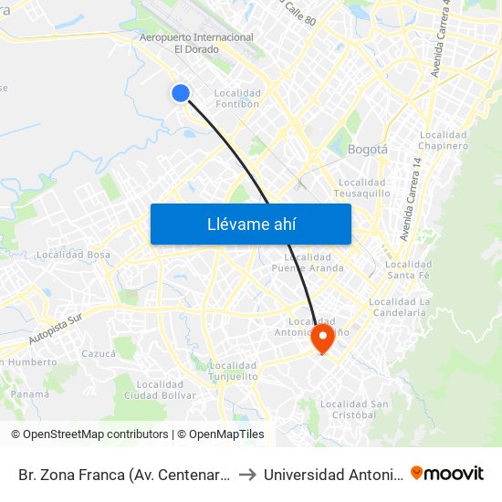 Br. Zona Franca (Av. Centenario - Kr 108a) to Universidad Antonio Nariño map