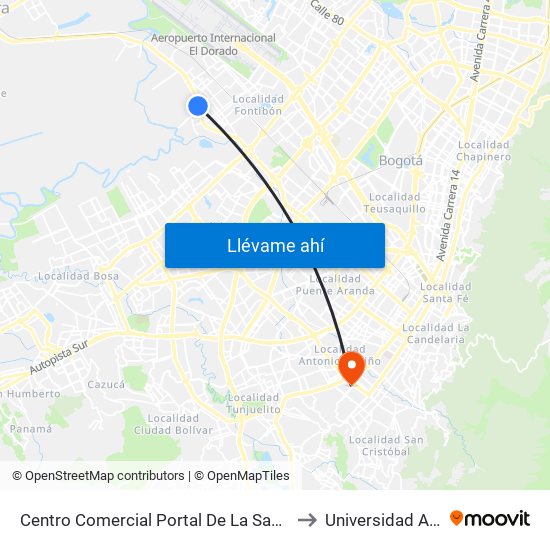 Centro Comercial Portal De La Sabana (Av. Centenario - Kr 106) to Universidad Antonio Nariño map