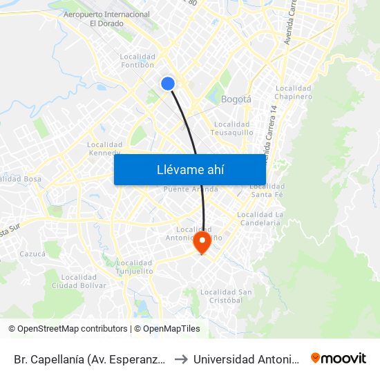 Br. Capellanía (Av. Esperanza - Kr 72b) to Universidad Antonio Nariño map