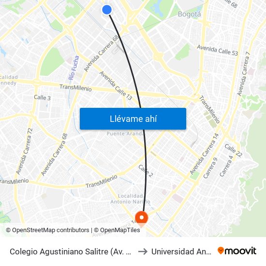 Colegio Agustiniano Salitre (Av. La Esperanza - Kr 69b) to Universidad Antonio Nariño map