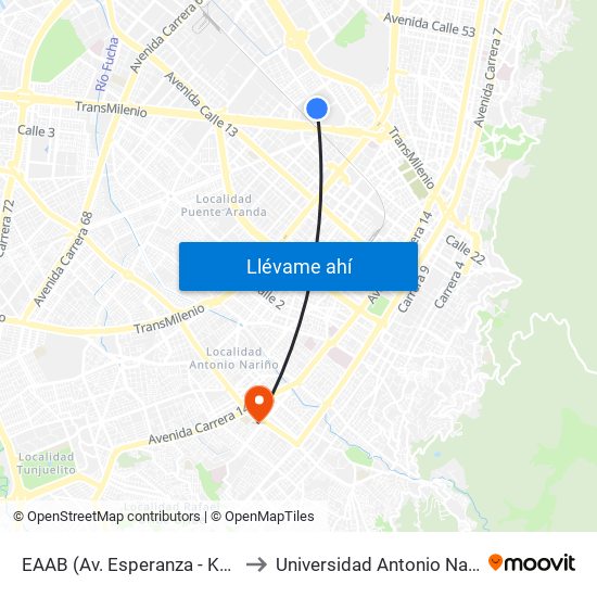 EAAB (Av. Esperanza - Kr 37) to Universidad Antonio Nariño map