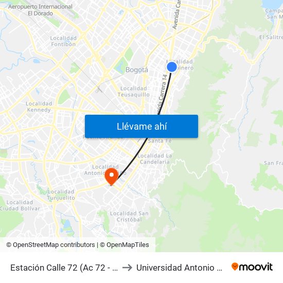 Estación Calle 72 (Ac 72 - Kr 13) to Universidad Antonio Nariño map